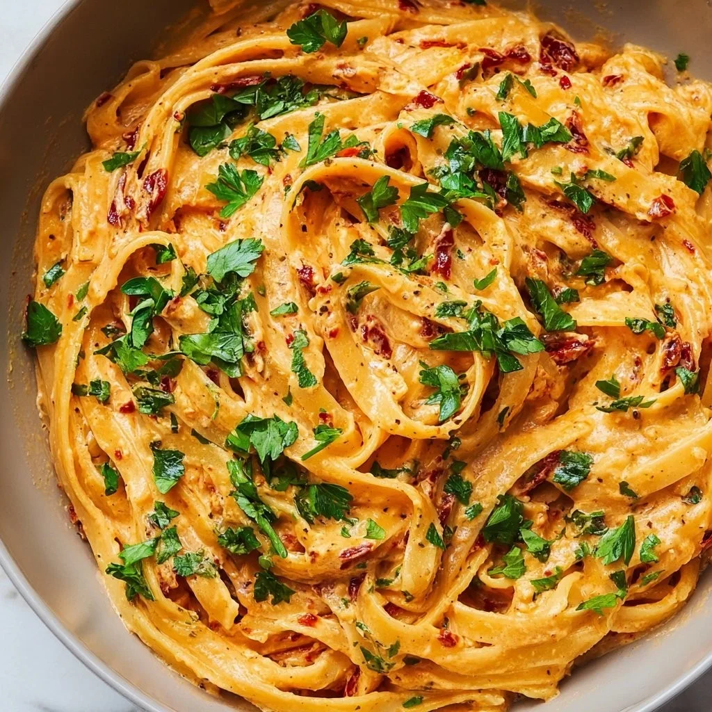 Veganistische romige pasta met zongedroogde tomaten, een smaakvolle maaltijd.