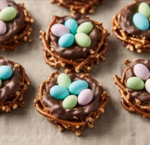 Chocolade-Omhulde Pretzel Nesten heerlijk gepresenteerd op een bord.