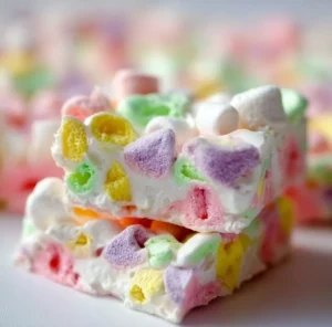 Heerlijke Pasen Marshmallow Bark met kleurrijke snoepjes en marshmallows.