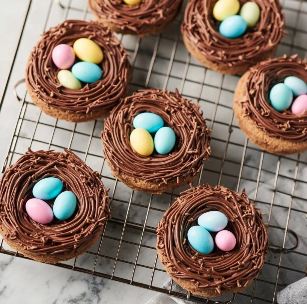Verleiding: paasvogelnestjes koekjes op een kleurrijke achtergrond