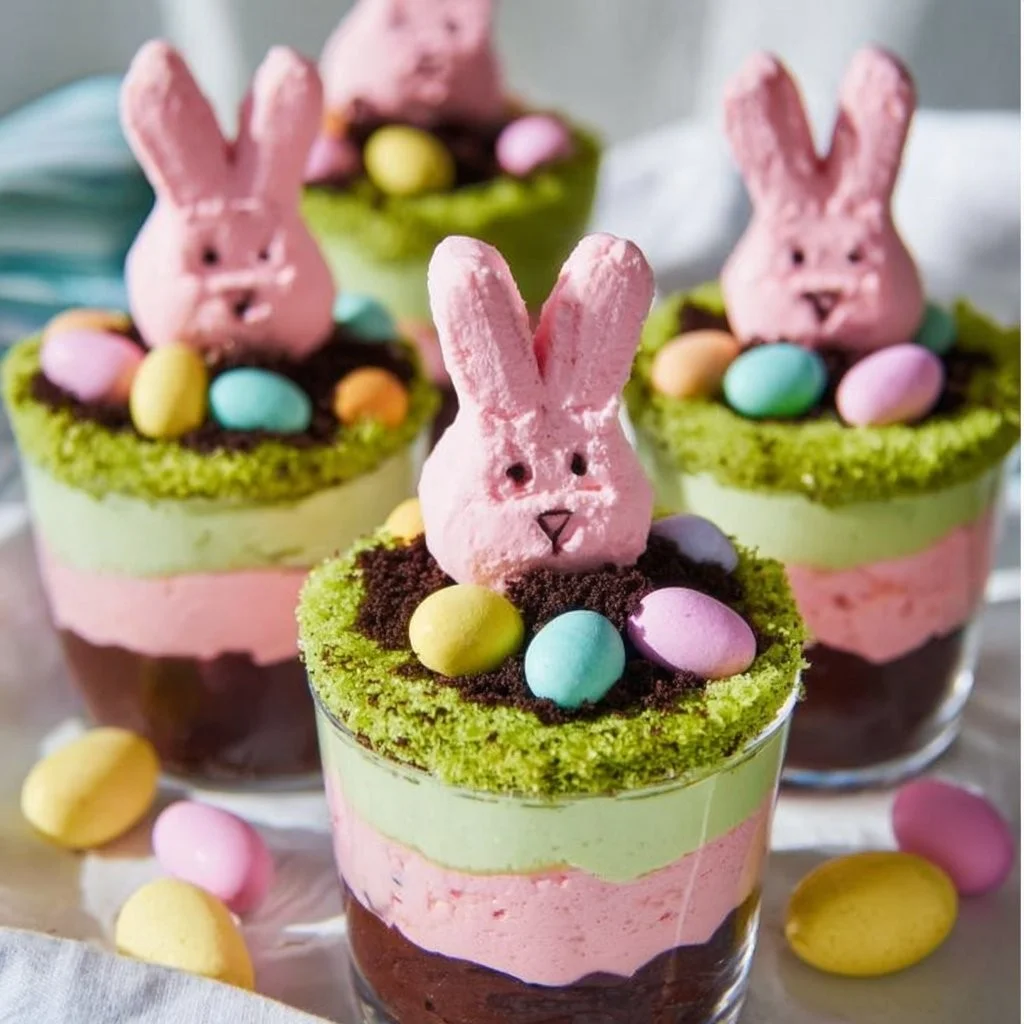 Kleurrijke paasgrondbekers vol lekkernijen voor Pasen