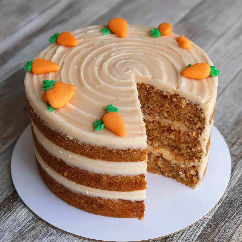 Een smakelijke wortelcake met een rijke, vochtige textuur en versieringen.