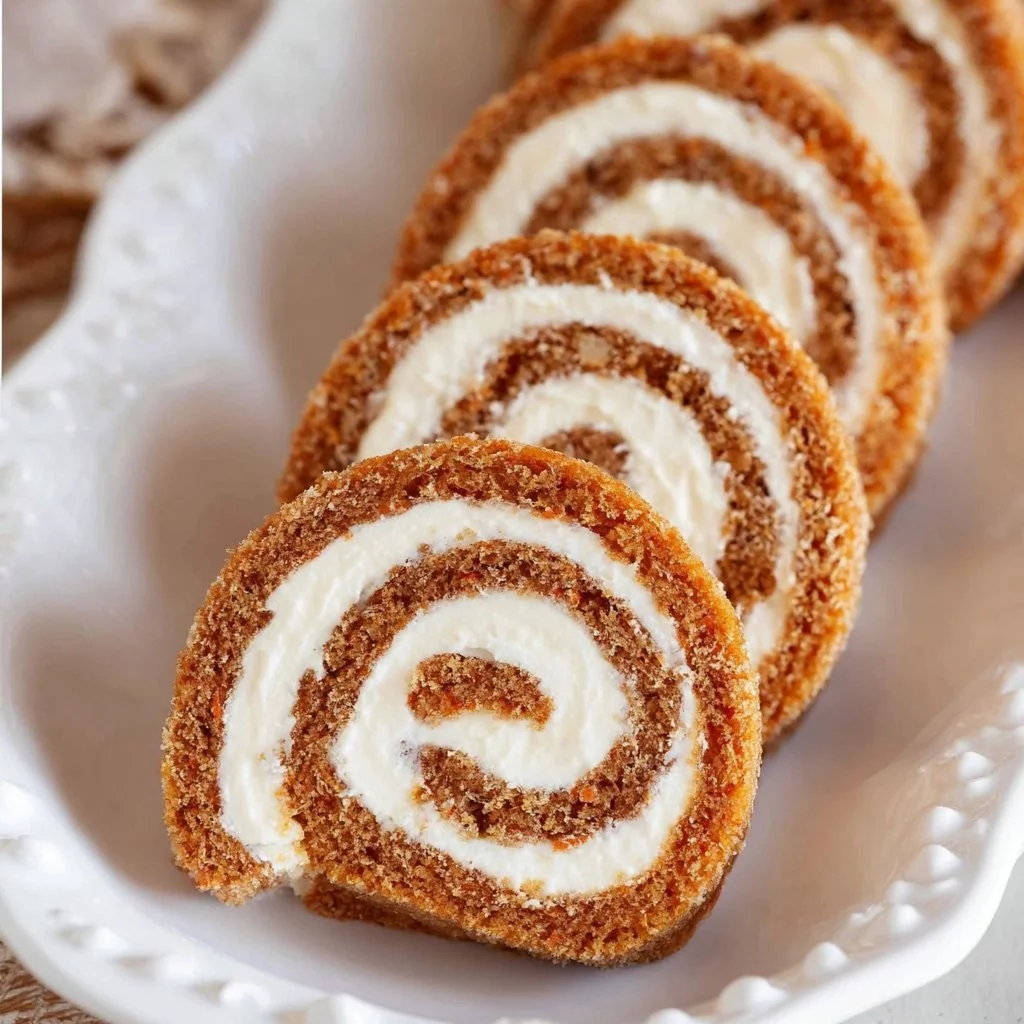 Sliced wortelcake rol met crème en decoratieve toppings