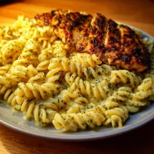 Romige knoflook-parmezaan kip pasta op een bord, een smaakvolle maaltijd.
