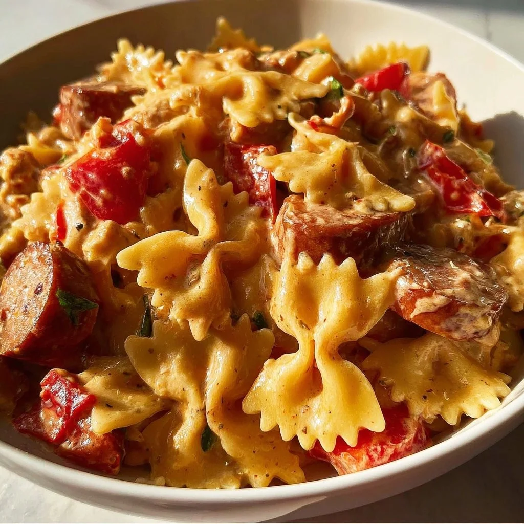 Romige Cajun Worst Pasta in een pan klaar voor het opdienen