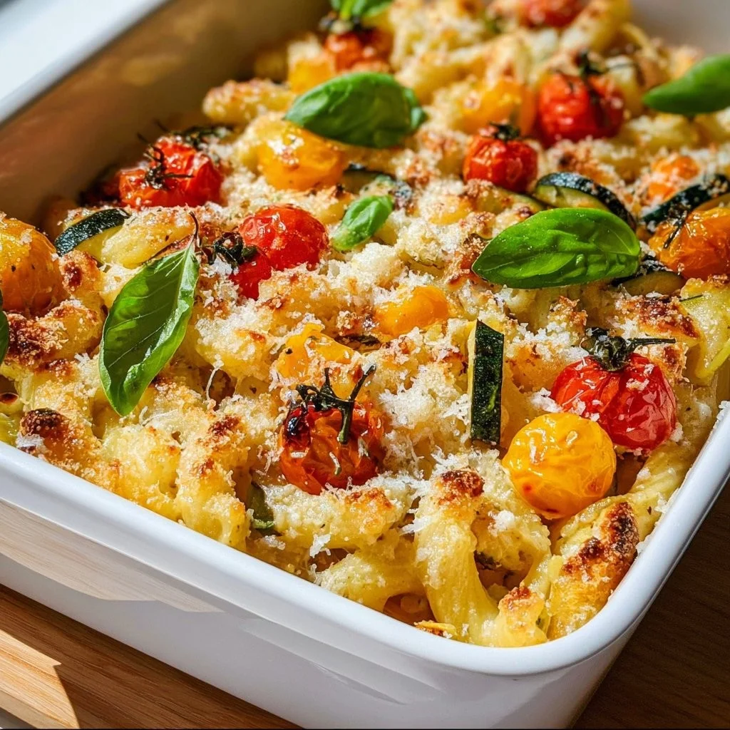 Gezonde gebakken feta pasta met kleurrijke groenten op een bord