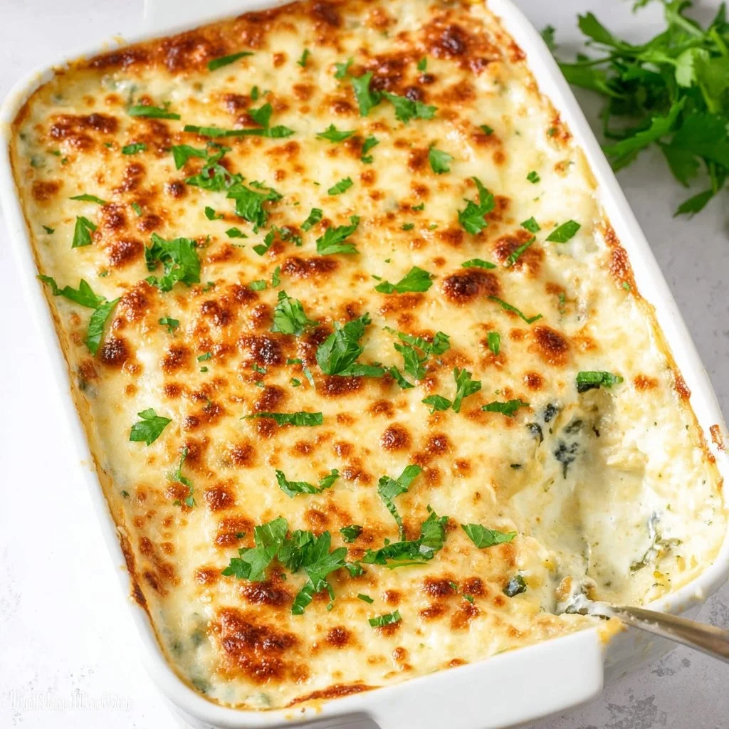 Kip Alfredo Lasagne, een heerlijke romige lasagne met kip en Alfredo-saus.