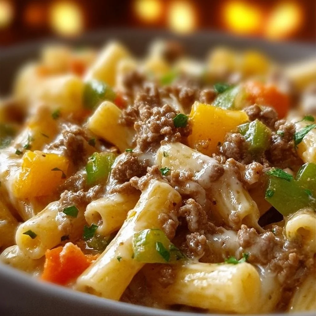 Heerlijke Philly Cheesesteak Pasta met gesneden vlees en kaas.