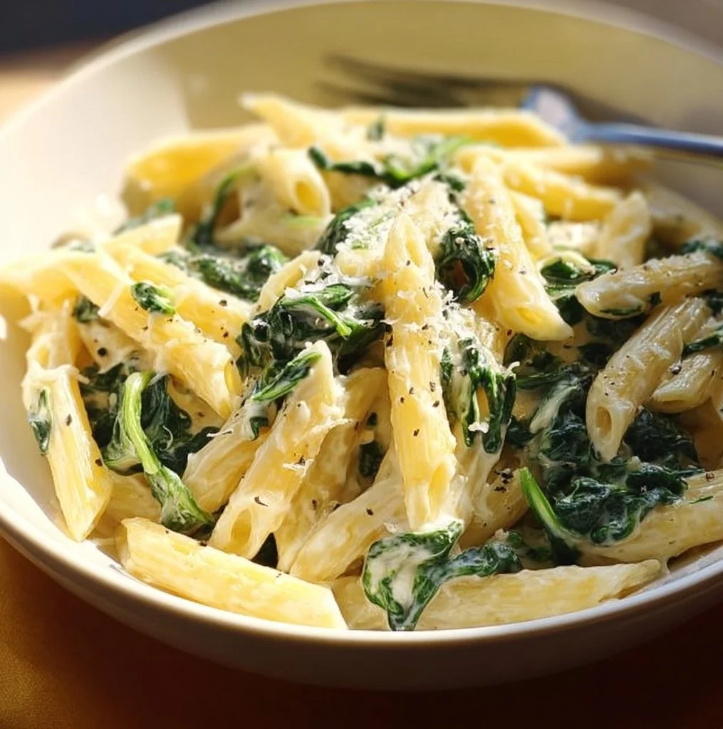 Romige knoflookparmesanpasta met spinazie, snel klaar in 20 minuten.