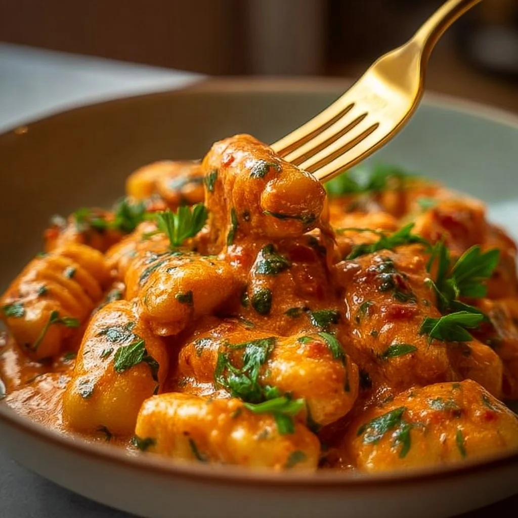 Romige tomaten knoflook pasta met verse kruiden en kaas.