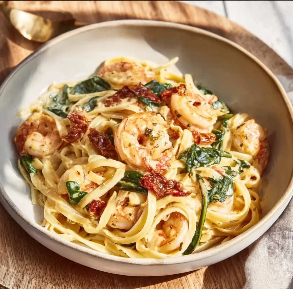 Romige Toscaanse Garnalen Linguine met een rijke saus en garnalen