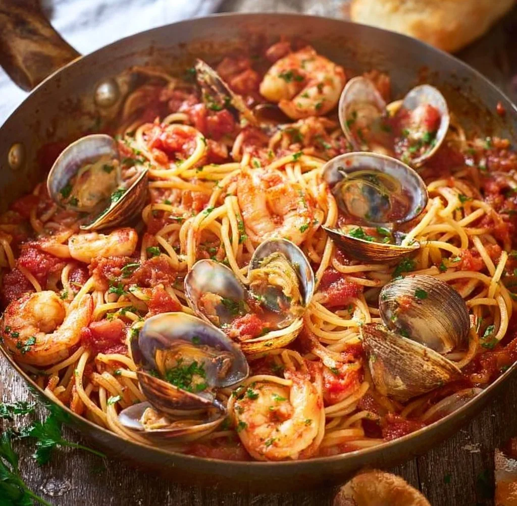 Een bord met romige zeevruchtenpasta met garnalen en schelpdieren.